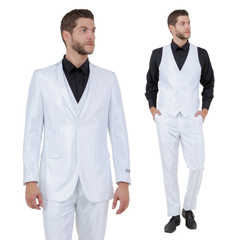 White Super Shiny Satin 3pc Mens Suit w/ Notch Lapel (Slim-Fit)